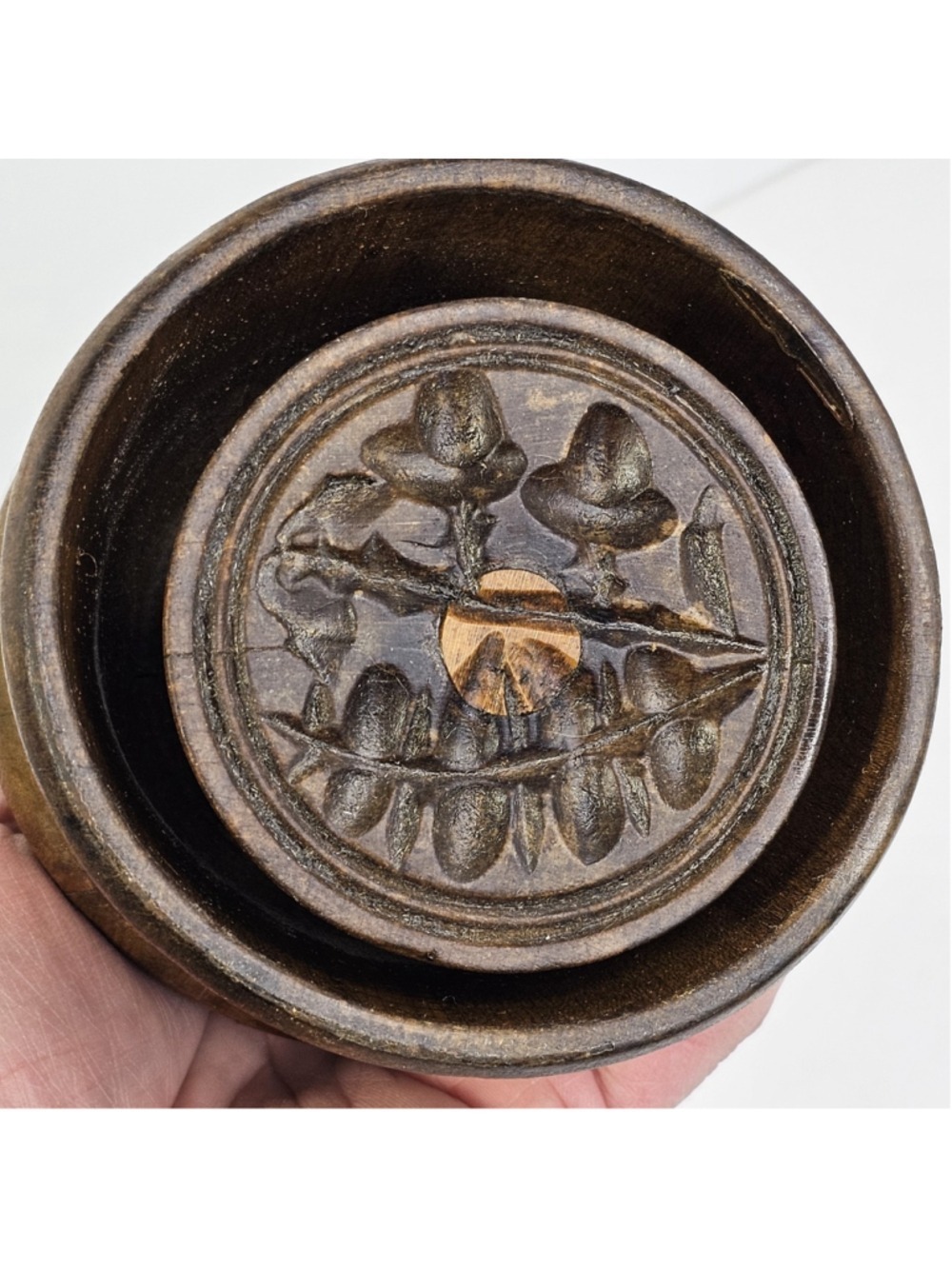 Antique Wooden Butter Press Mold Floral Carved Round Primitive Farmhouse Dairy